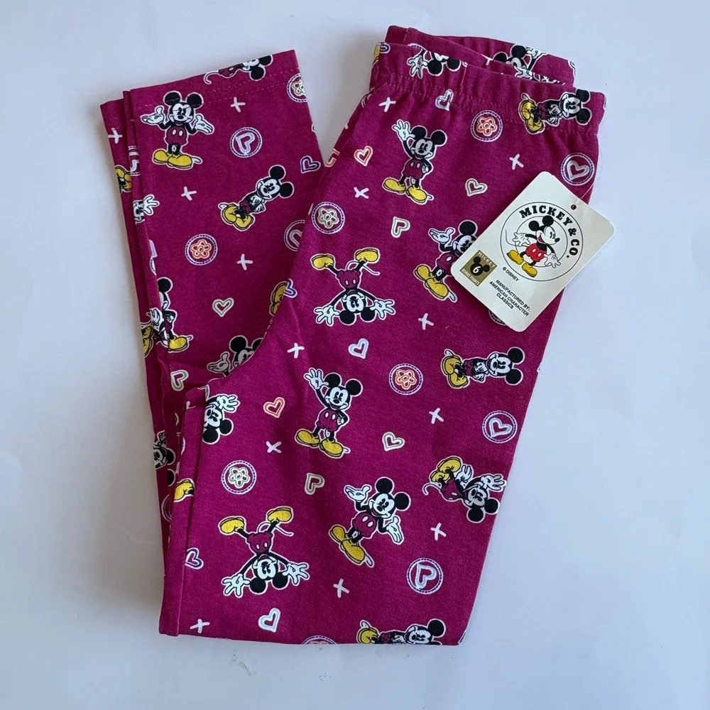 VTG Mickey & Co Disney Girls 5/6 Raspberry Pink Mickey Mouse Leggings Hearts NEW